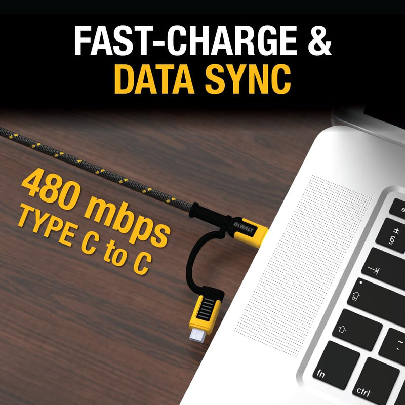 DEWALT Heavy-Duty 4-in-1 Charging Cable – 6ft Fast Charger USB-C, Micro USB & iPhone