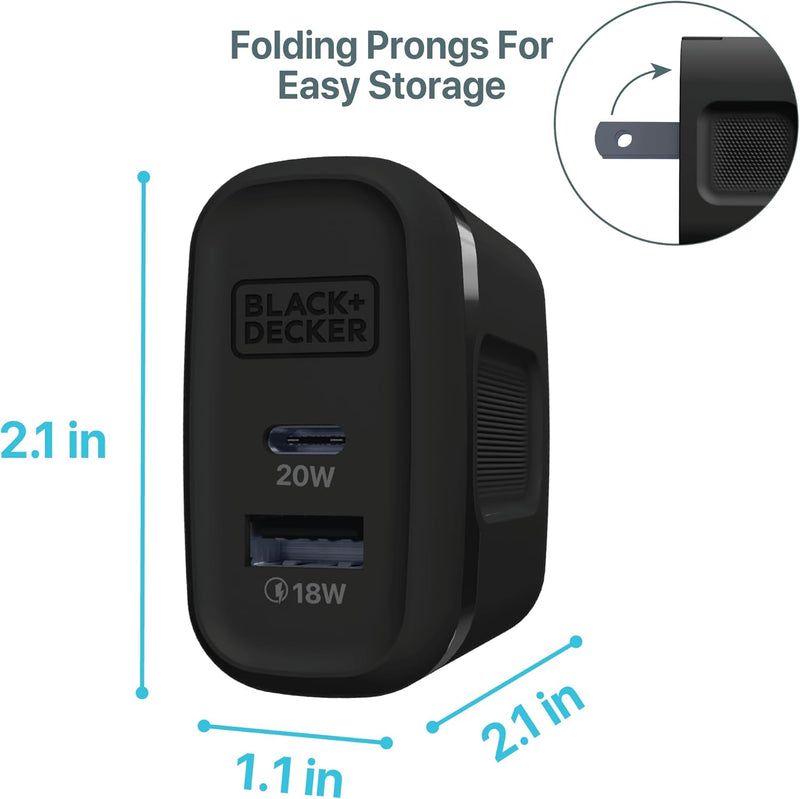 BLACK+DECKER 38W PD Wall Charger – Dual Port USB-C & USB Fast Charging Block