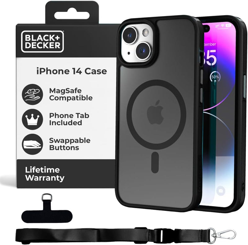 BLACK+DECKER iPhone 14 Case – MagSafe, Shockproof, Lanyard Strap, Custom Buttons