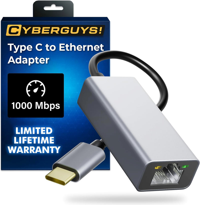 Cyberguys USB C to Ethernet Adapter – 1Gbps Gigabit RJ45 LAN Network Dongle