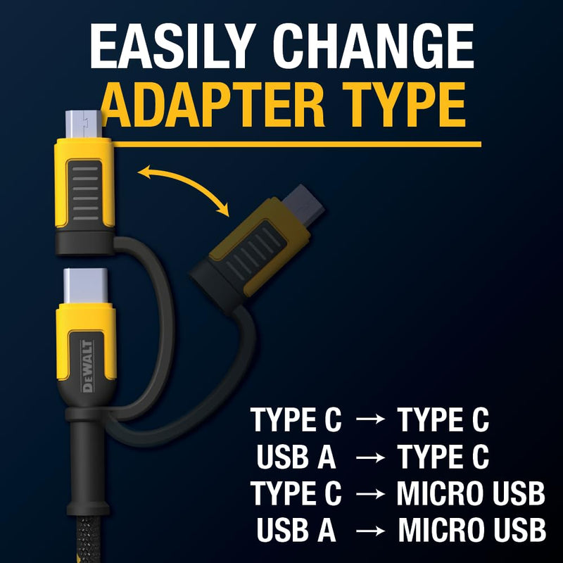 DEWALT Heavy-Duty 4-in-1 Charging Cable – 6ft Fast Charger USB-C, Micro USB & iPhone