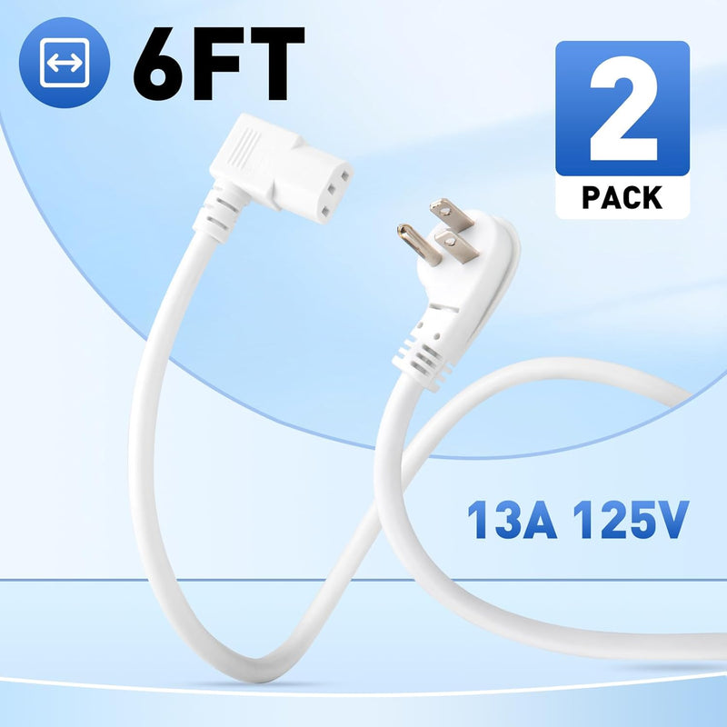 6FT 90° Computer Power Cord (2-Pack) – Flat Plug to Right Angle C13, 16AWG Universal AC Cable for PC, Monitor, TV – White