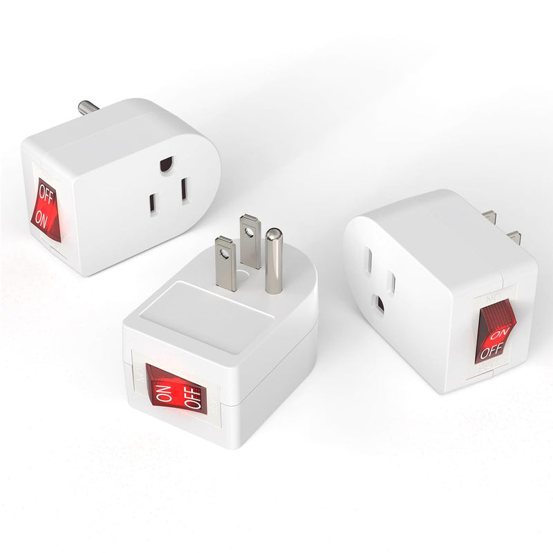3-Pack Grounded Outlet Switch – ETL Listed Inline On/Off Plug Adapter, White