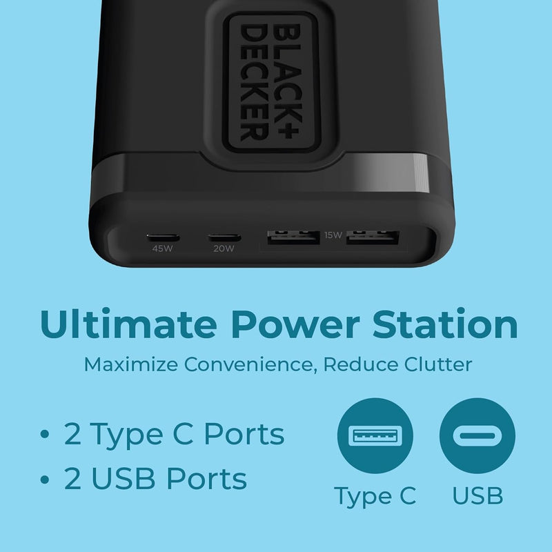 BLACK+DECKER 65W USB-C Fast Charger – 4-Port Charging Station with 2 USB-C & 2 USB-A for iPhone, iPad, Samsung, Pixel