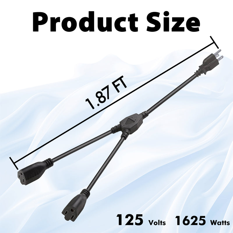 Heavy-Duty Extension Cord Splitter – Y-Splitter 1 to 2 Dual Outlet, 16AWG 13.5A UL Listed, 22in Black