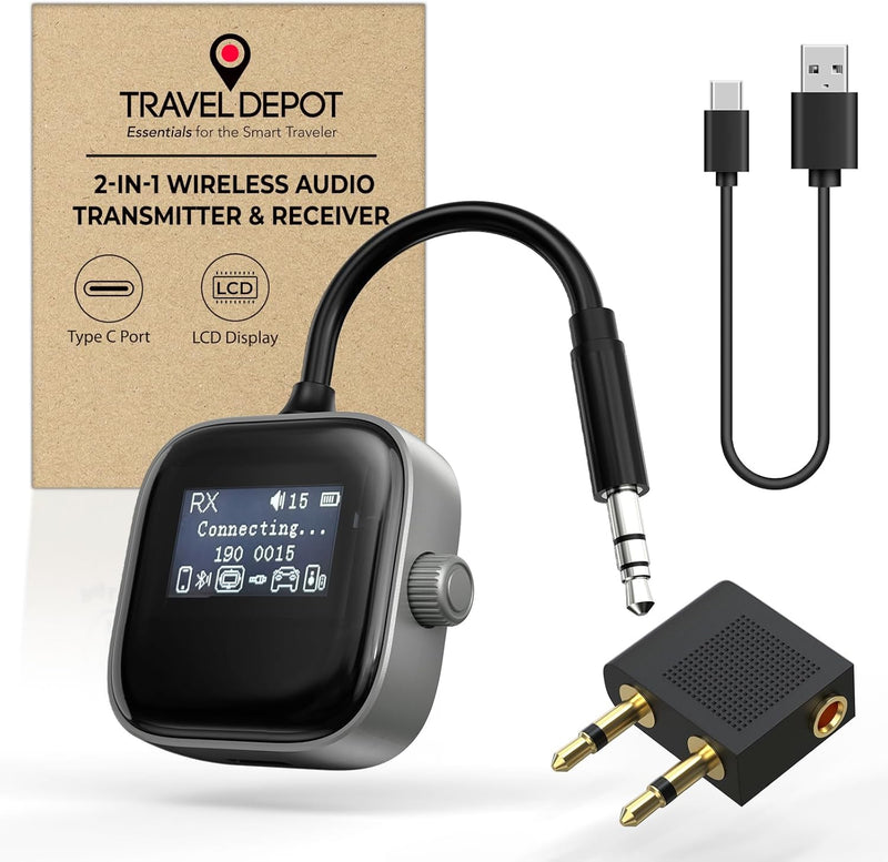 TRAVEL DEPOT Bluetooth Transmitter Receiver for Airplane & TV – Wireless 2-Device Adapter w/HD Display, Low Latency 3.5mm AUX Jack, Bluetooth 5.3