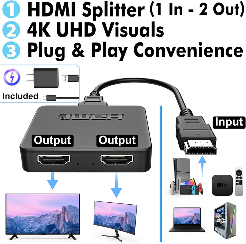 Cyberguys HDMI Splitter 1 in 2 Out – 4K HDMI Hub 2.0 Video Duplicator with Power Cable