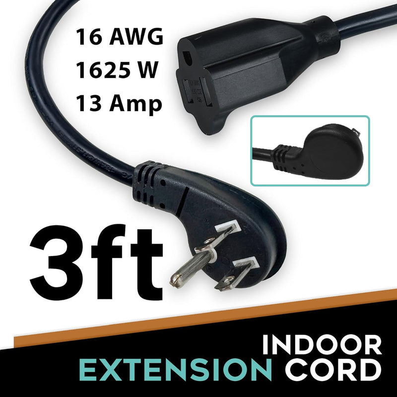 Flat Plug Extension Cord 3FT 3-Pack – Low Profile 45° Angled Power Adapter, UL Listed 16 AWG