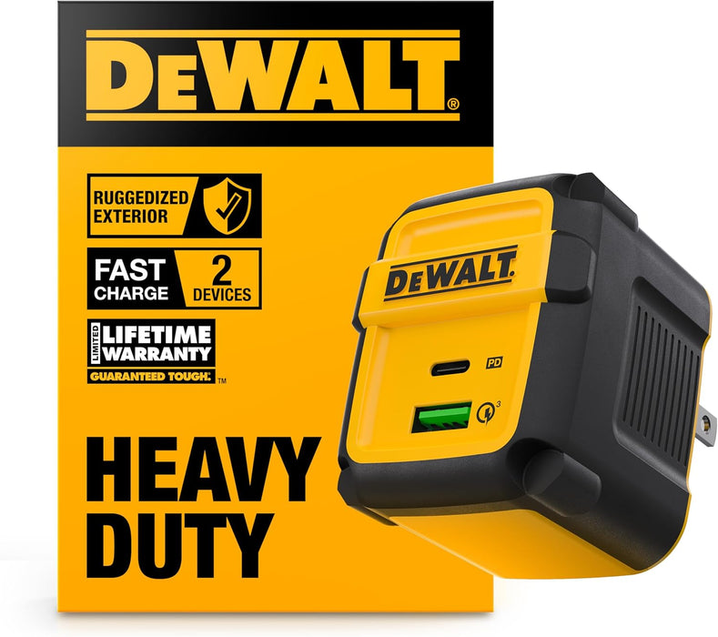 DEWALT Heavy Duty 49.5W Dual USB & USB-C Wall Charger – 2-Port Fast Compact Adapter for Phones & Tablets