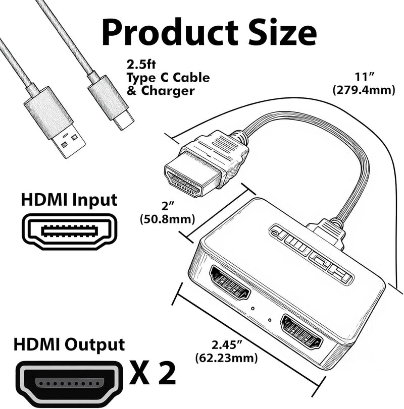 Cyberguys HDMI Splitter 1 in 2 Out – 4K HDMI Hub 2.0 Video Duplicator with Power Cable