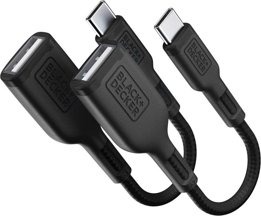 BLACK+DECKER USB-C to USB-A Adapter – Nylon Braided 2-Pack OTG Cable for iPhone, MacBook, iPad