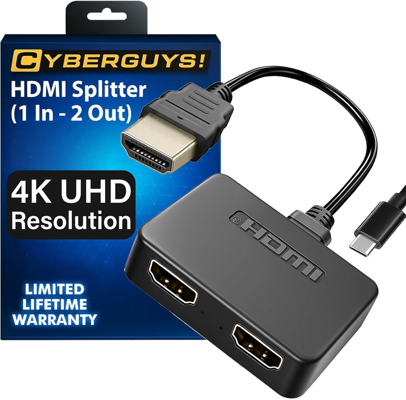 Cyberguys HDMI Splitter 1 in 2 Out – 4K HDMI Hub 2.0 Video Duplicator with Power Cable