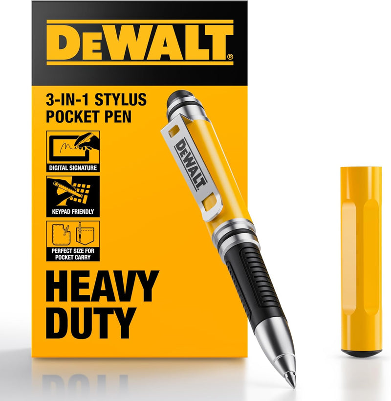 DEWALT Heavy Duty 3-in-1 Stylus Pen – Mini Pocket EDC Pen with Touchscreen Tip, Keypad Tip & Ballpoint, Extra Ink Cartridge