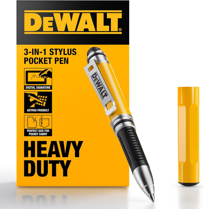 DEWALT Heavy Duty 3-in-1 Mini Stylus Pocket Pen, Tablet Pens for iPad, EDC Touch Screen Pens, Ballpoint w/Touchscreen Tip, Keypad Tip, Compatible iPhone Stylus Pen, Extra Ink Cartridge, Gifts for Dad