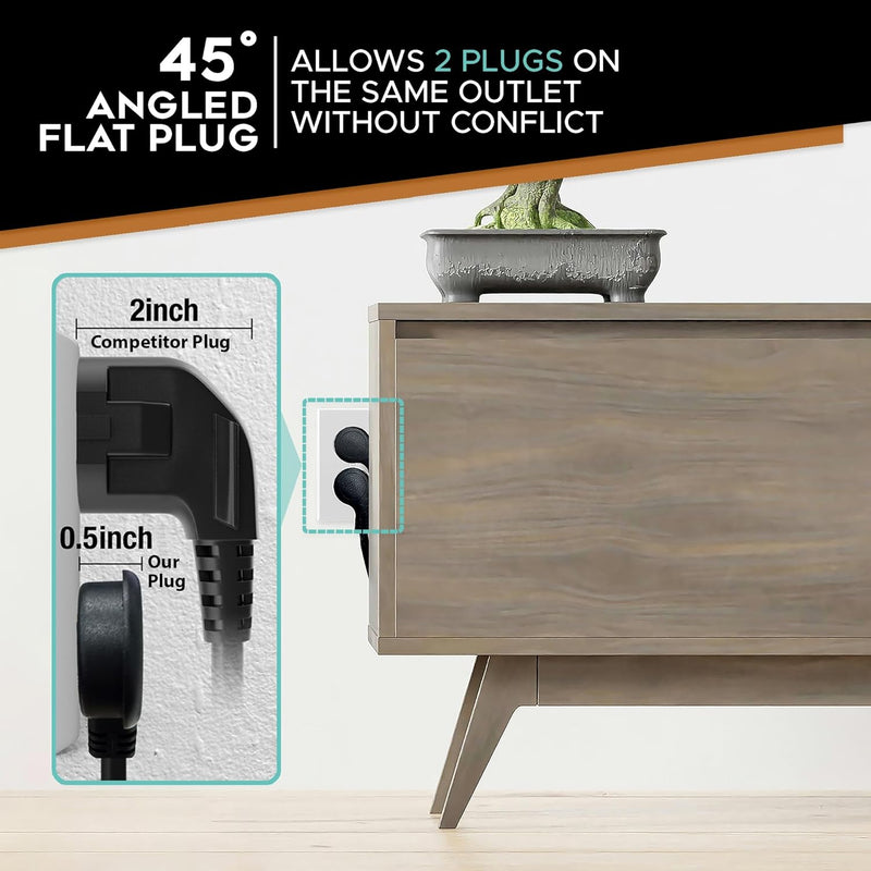 Flat Plug Extension Cord 3FT 3-Pack – Low Profile 45° Angled Power Adapter, UL Listed 16 AWG