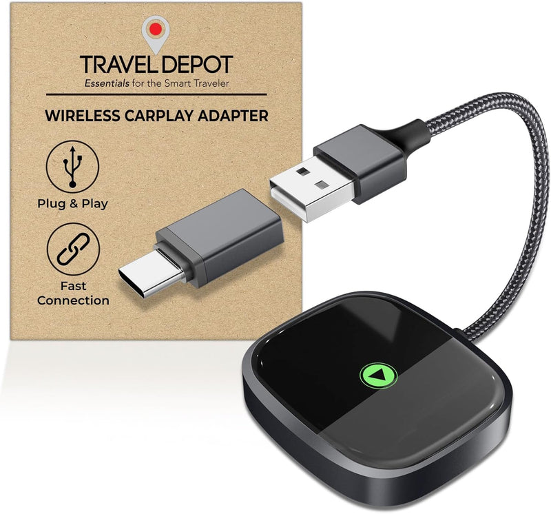 TRAVEL DEPOT Wireless CarPlay Adapter – Plug & Play Bluetooth Dongle Converts Wired to Wireless Apple CarPlay, Fast Auto Connect, Works w/800+ Car Models