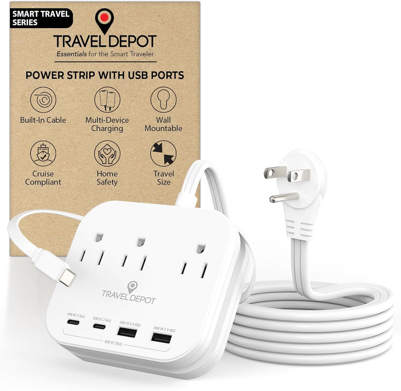 Cruise Essentials Flat Plug Power Strip – 5ft Extension Cord w/ 3 Outlets & 4 USB Ports