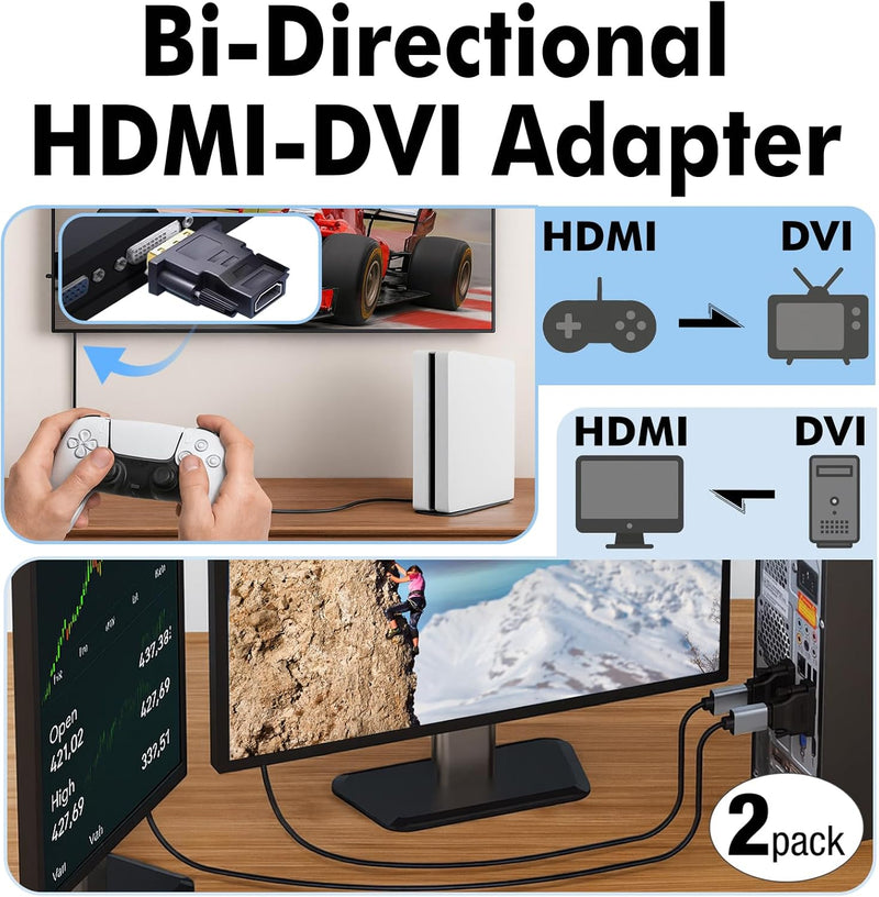 Cyberguys 2-Pack DVI to HDMI Adapter – Bi-Directional DVI-D Male to HDMI Female, 4K UHD
