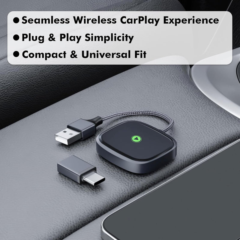 TRAVEL DEPOT Wireless CarPlay Adapter – Plug & Play Bluetooth Dongle Converts Wired to Wireless Apple CarPlay, Fast Auto Connect, Works w/800+ Car Models