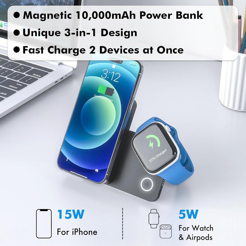 Travel Depot 3-in-1 Magnetic Wireless Power Bank – 10000mAh Portable Charger w/ Stand