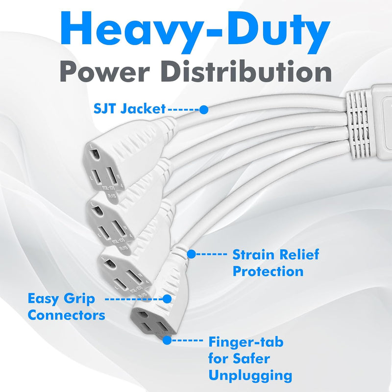 4 Way Power Splitter Extension Cord – 4 Outlet Short Extension, UL Listed 1.5FT, 16 AWG, 2 Pack
