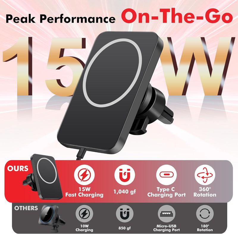 15W MagSafe Car Mount Charger β Magnetic Wireless Phone Holder Vent Mount for iPhone 16/15/14/13/12 Pro Max