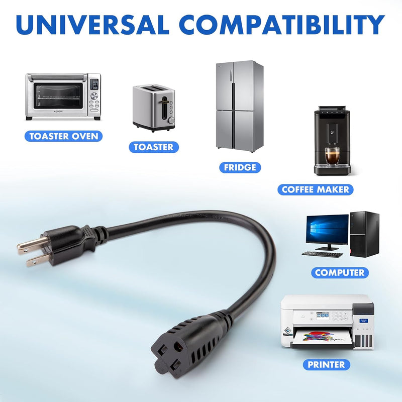 Heavy-Duty Extension Cord 14in – 3-Prong Short Power Outlet Saver, UL Listed 16 AWG