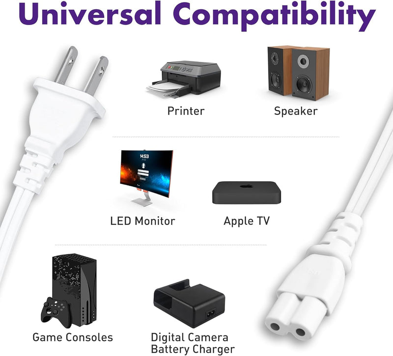 2 Pack 2-Prong TV Power Cord 3FT – UL Certified AC Replacement Cable for Samsung, Sony, PS5, Xbox, White