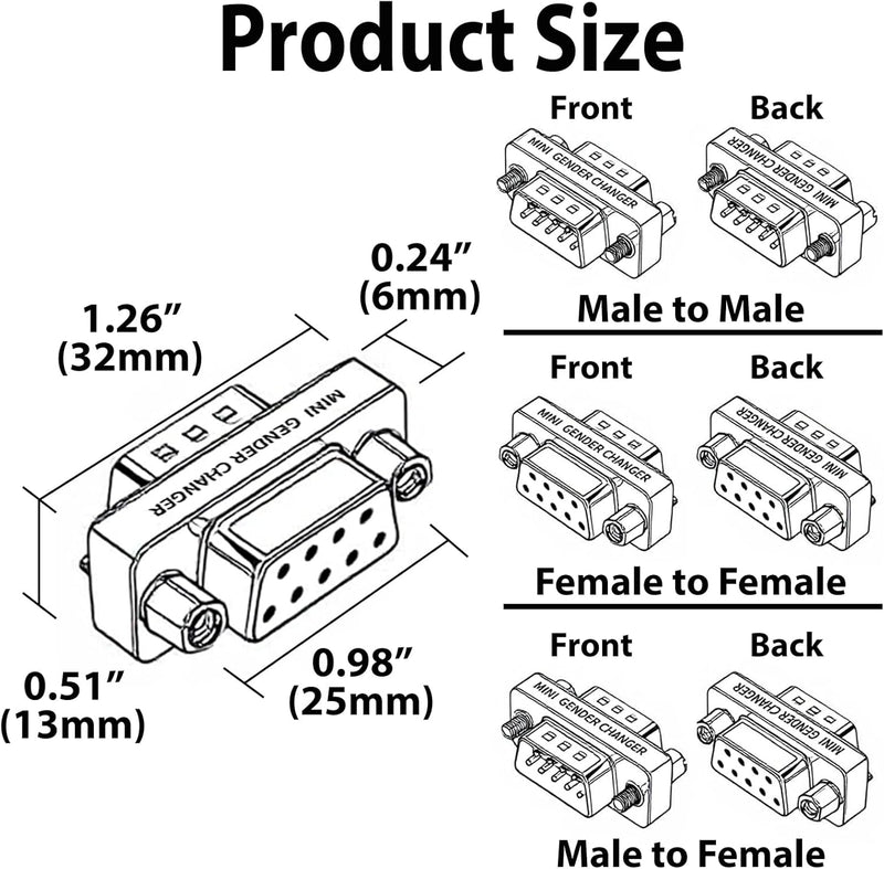 Cyberguys DB9 Gender Changer 3-Pack ā RS232 Serial Adapter Set (F/F, M/M, M/F) Slimline Connector for PC, Modem, Router, Switch, POS, Printer