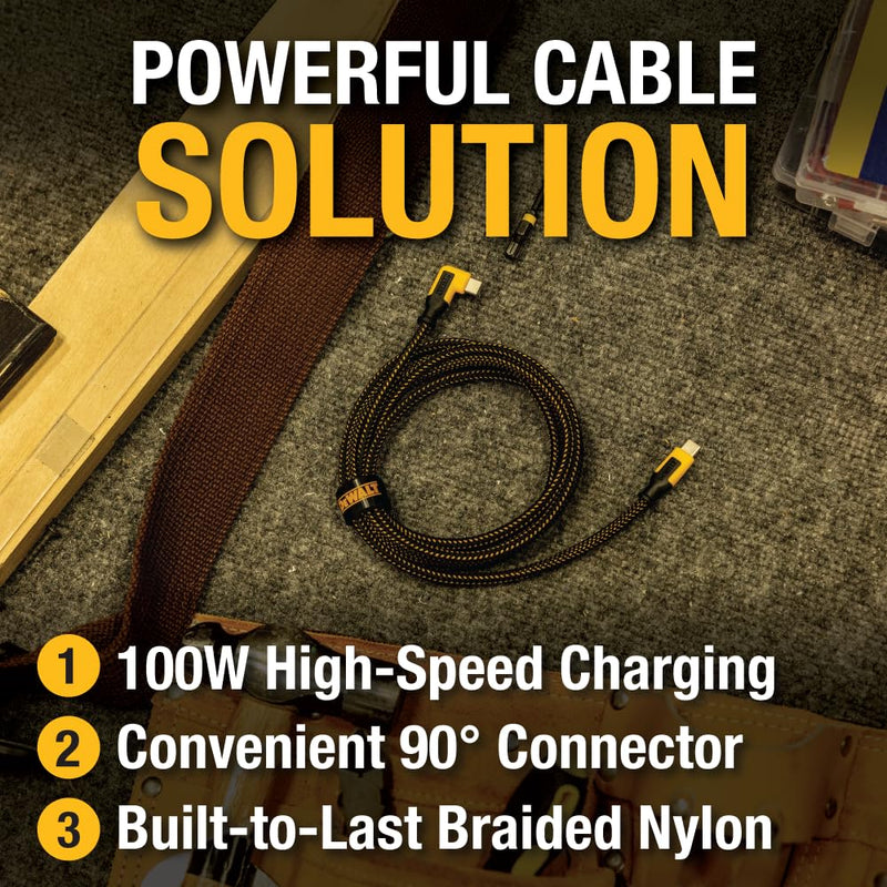 DEWALT 90° Angled 100W USB-C Cable – Heavy Duty PD Fast Charging Cord