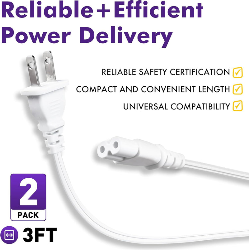 2 Pack 2-Prong TV Power Cord 3FT – UL Certified AC Replacement Cable for Samsung, Sony, PS5, Xbox, White