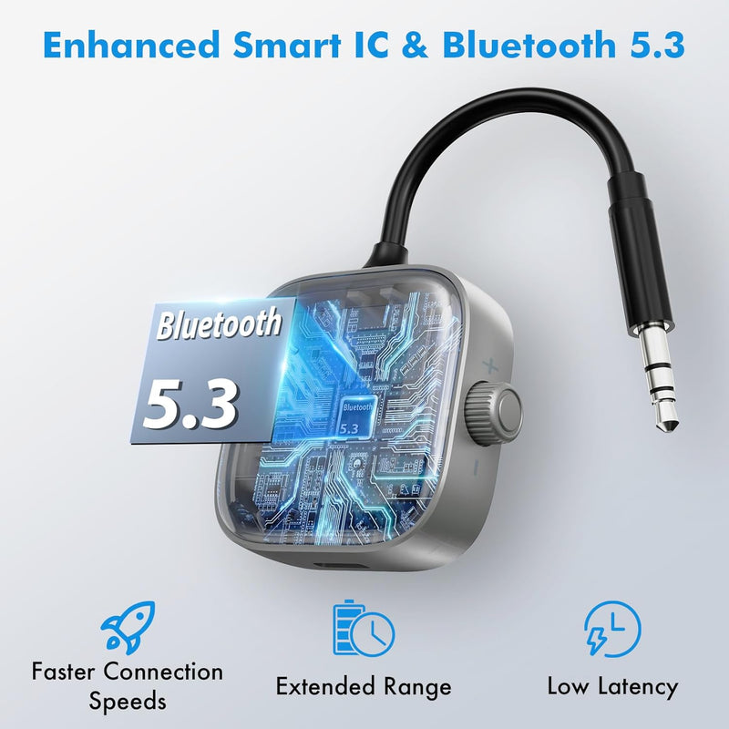 TRAVEL DEPOT Bluetooth Transmitter Receiver for Airplane & TV – Wireless 2-Device Adapter w/HD Display, Low Latency 3.5mm AUX Jack, Bluetooth 5.3