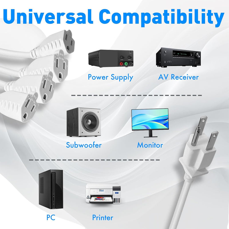 4 Way Power Splitter Extension Cord – 4 Outlet Short Extension, UL Listed 1.5FT, 16 AWG, 2 Pack