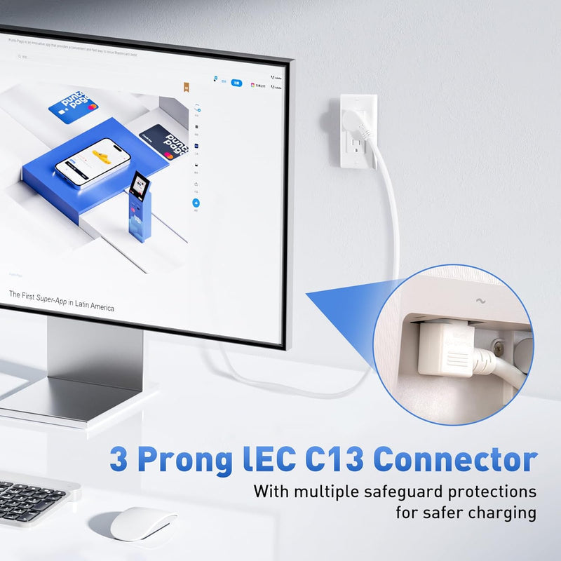 6FT 90° Computer Power Cord (2-Pack) – Flat Plug to Right Angle C13, 16AWG Universal AC Cable for PC, Monitor, TV – White