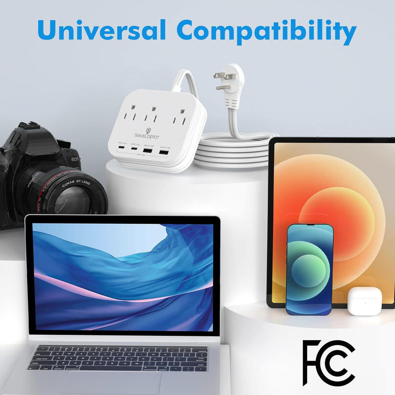 Cruise Essentials Flat Plug Power Strip – 5ft Extension Cord w/ 3 Outlets & 4 USB Ports