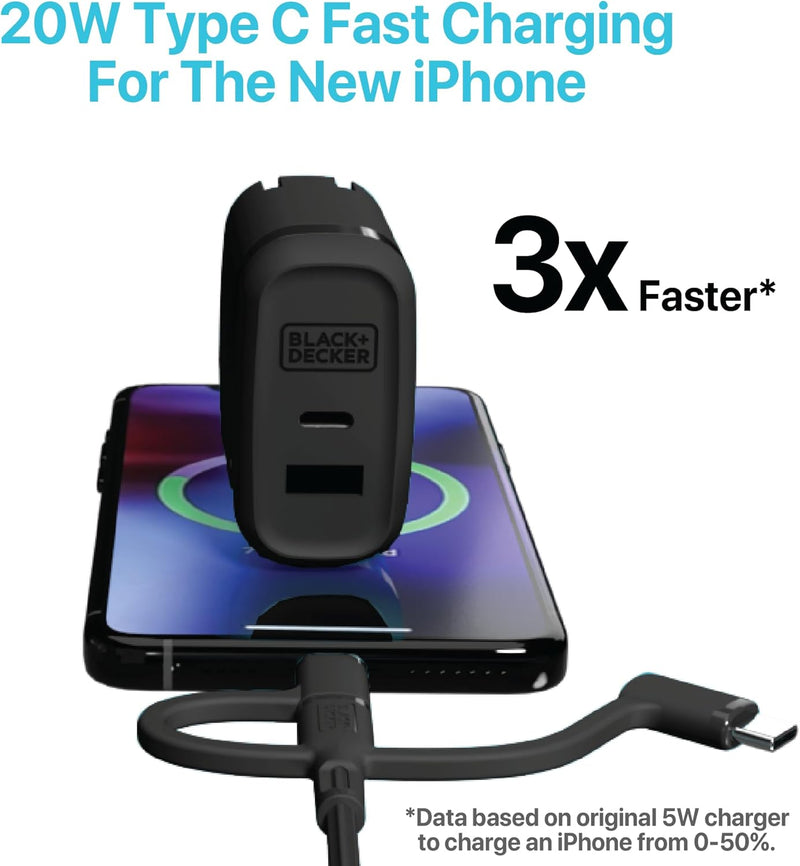 BLACK+DECKER 38W PD Wall Charger – Dual Port USB-C & USB Fast Charging Block