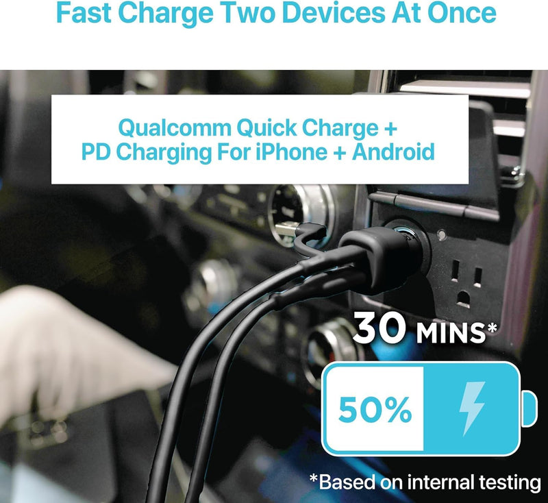 BLACK+DECKER 38W USB-C Car Charger – Dual Port PD/QC Fast Charging Adapter for iPhone, Samsung, Pixel, iPad & More