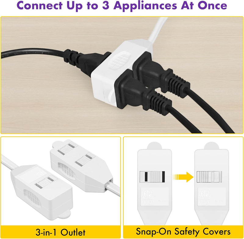 ETL Certified 2-Pack Extension Cord – 16 AWG 3-Outlet Indoor Power Strip with Tamper Guard