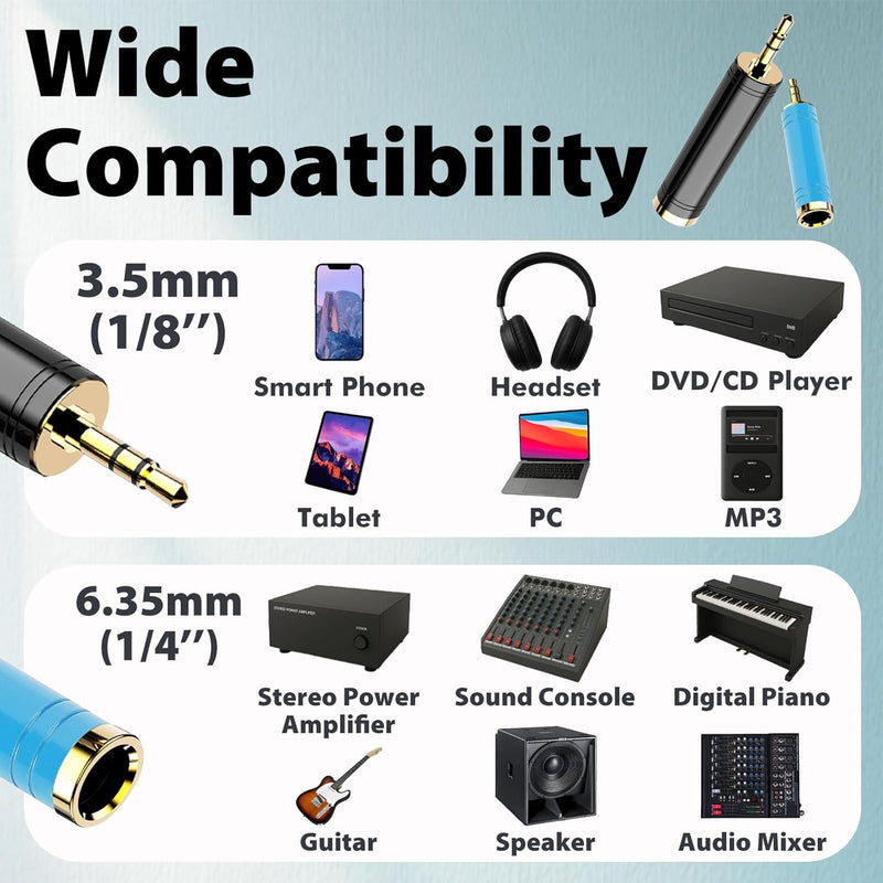 Cyberguys 2-Pack 3.5mm to 1/4 Adapter – Gold-Plated Stereo Jack Converter for Headphones & Amps