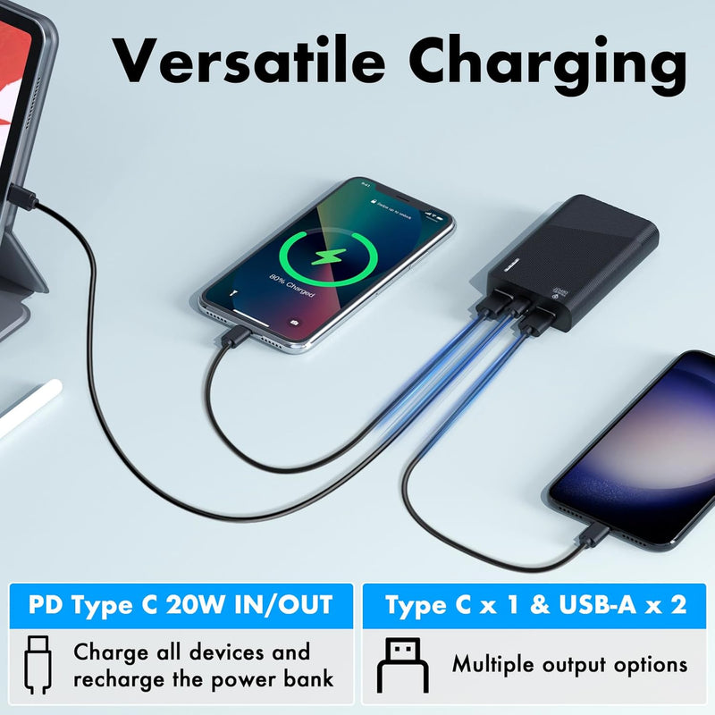 3-Port 6000mAh Portable Power Bank β Fast USB-C Charger with Flashlight for iPhone & Android