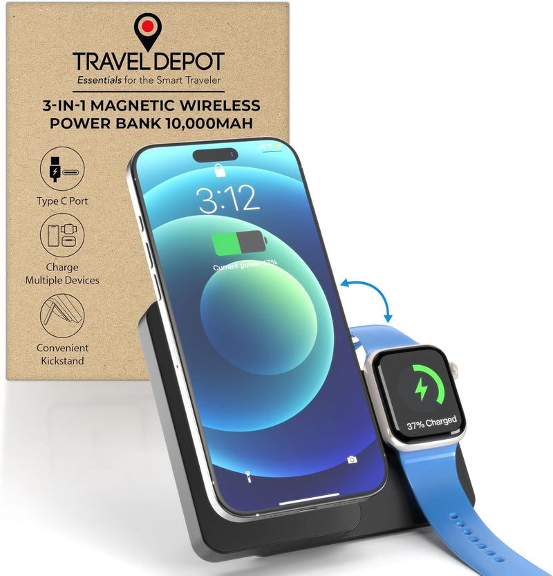 Travel Depot 3-in-1 Magnetic Wireless Power Bank – 10000mAh Portable Charger w/ Stand
