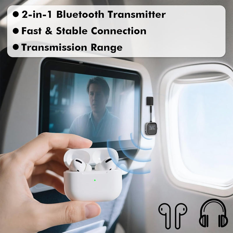 TRAVEL DEPOT Bluetooth Transmitter Receiver for Airplane & TV – Wireless 2-Device Adapter w/HD Display, Low Latency 3.5mm AUX Jack, Bluetooth 5.3