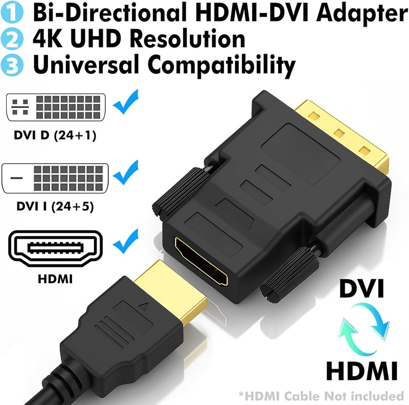 Cyberguys 2-Pack DVI to HDMI Adapter – Bi-Directional DVI-D Male to HDMI Female, 4K UHD