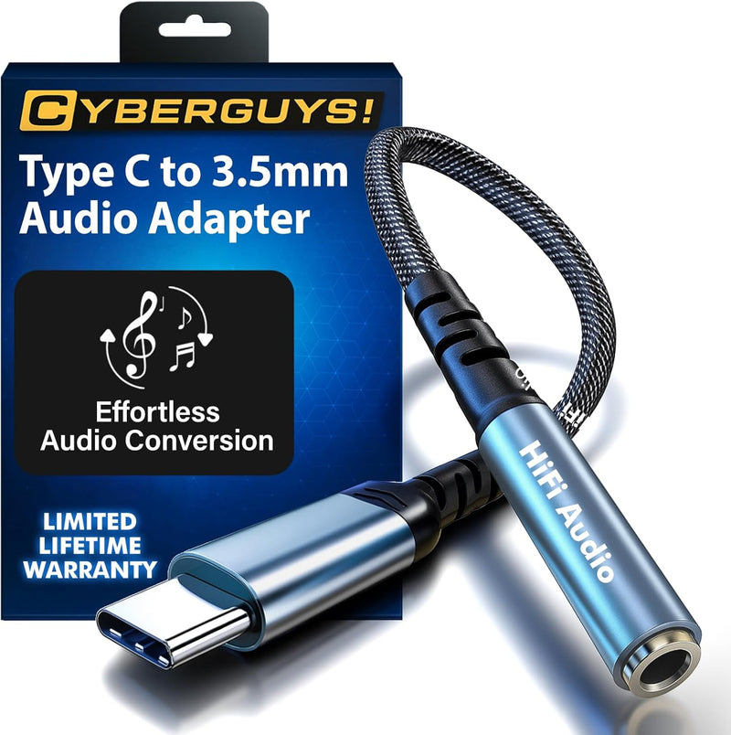 Cyberguys USB-C to 3.5mm Audio Adapter – Hi-Fi DAC Headphone Jack Dongle w/Mic