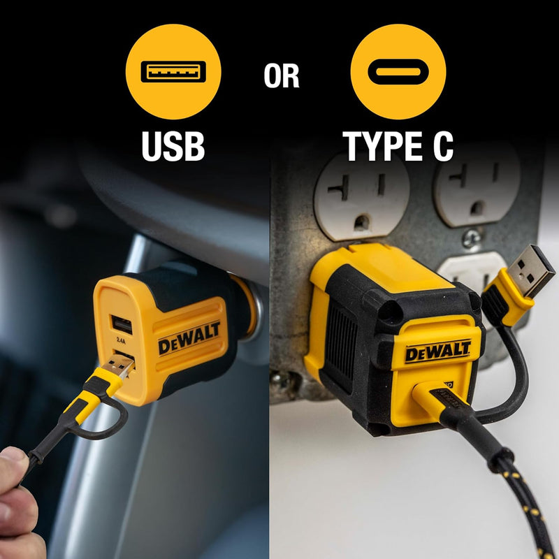 DEWALT 2-in-1 USB-C Cable (60W) – Type-C w/USB-A Adapter, Fast Charging