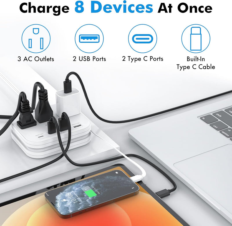 Cruise Essentials Flat Plug Power Strip – 5ft Extension Cord w/ 3 Outlets & 4 USB Ports