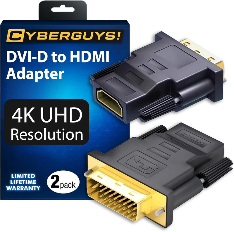 Cyberguys 2-Pack DVI to HDMI Adapter – Bi-Directional DVI-D Male to HDMI Female, 4K UHD