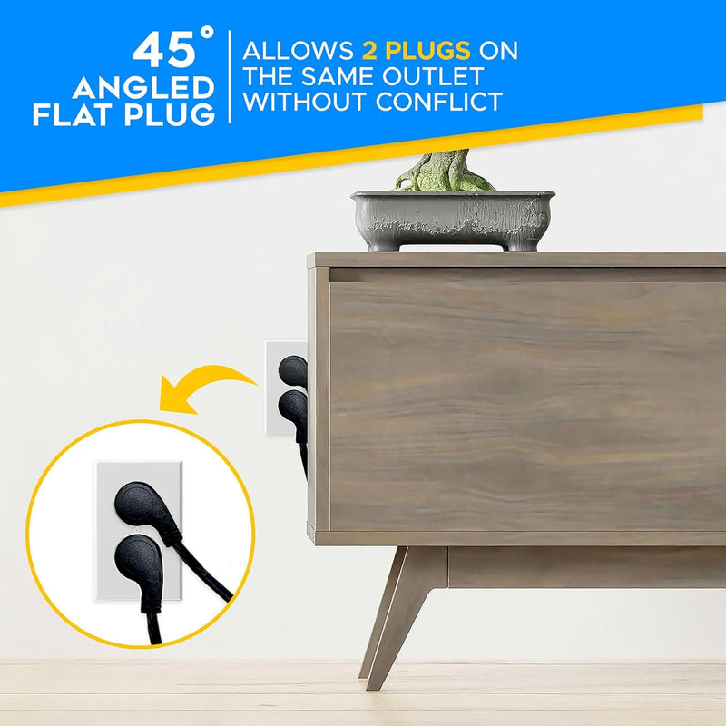 Flat Plug Extension Cord – Low Profile 45° Angled Power Adapter, UL Listed 16 AWG