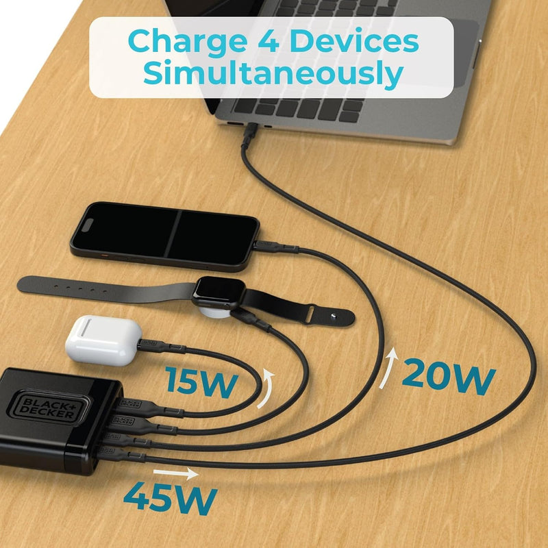 BLACK+DECKER 65W USB-C Fast Charger – 4-Port Charging Station with 2 USB-C & 2 USB-A for iPhone, iPad, Samsung, Pixel