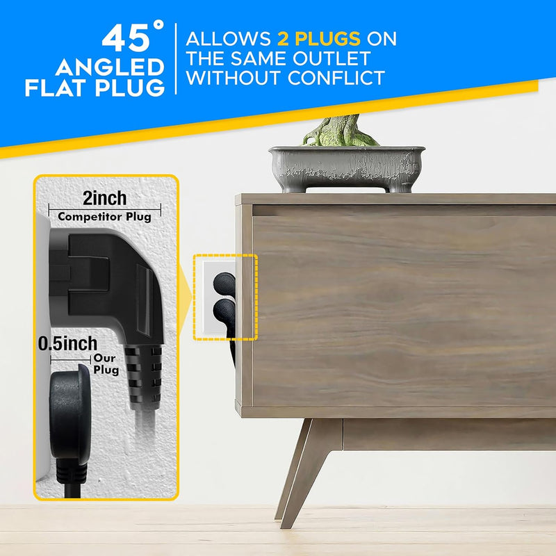 Flat Plug Extension Cord – Low Profile 45° Angled Power Adapter, UL Listed 16 AWG